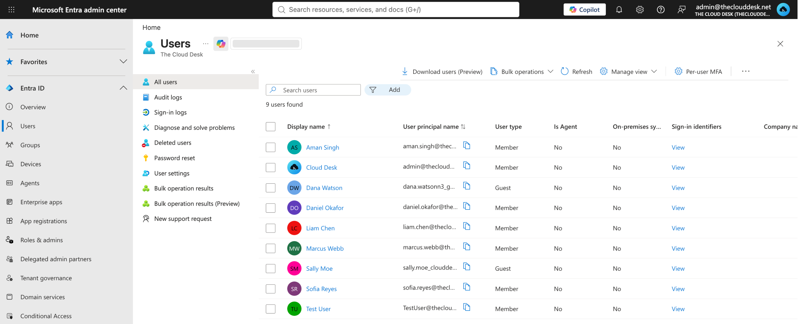 The All users screen in the Microsoft Entra admin center, showing nine users in a table with Display name, User principal name and User type columns.