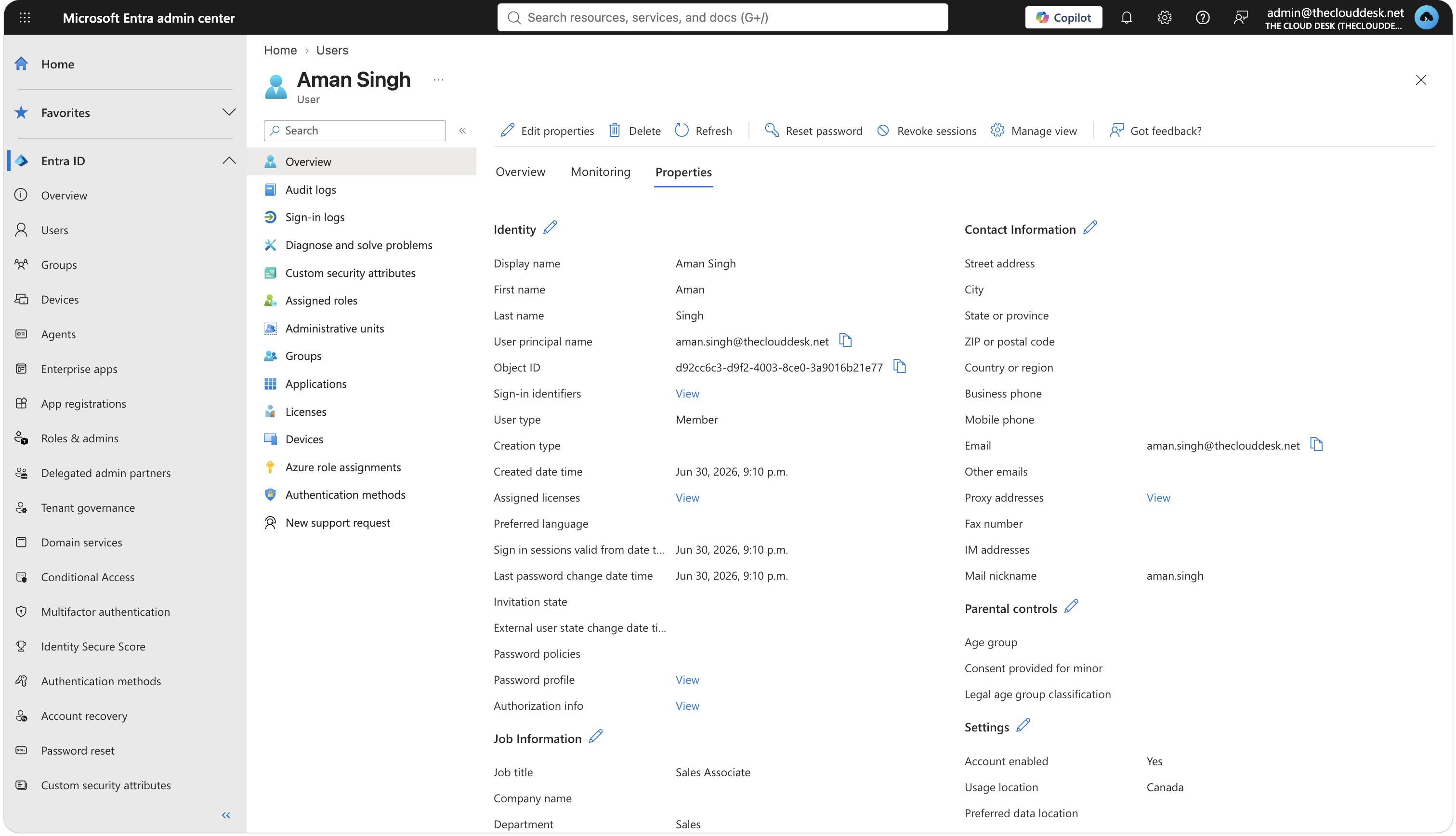An existing user's Properties tab showing Identity, Job Information, Contact Information and Settings, with Job title Sales Associate, Department Sales and Usage location Canada.