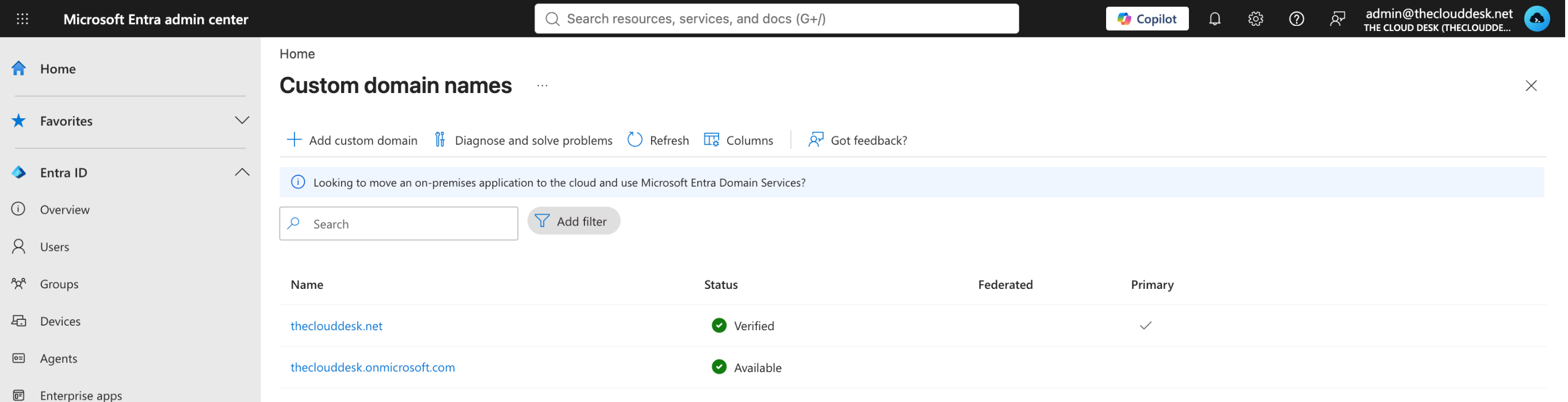 The Custom domain names screen listing theclouddesk.net as Verified and Primary, and theclouddesk.onmicrosoft.com as Available.