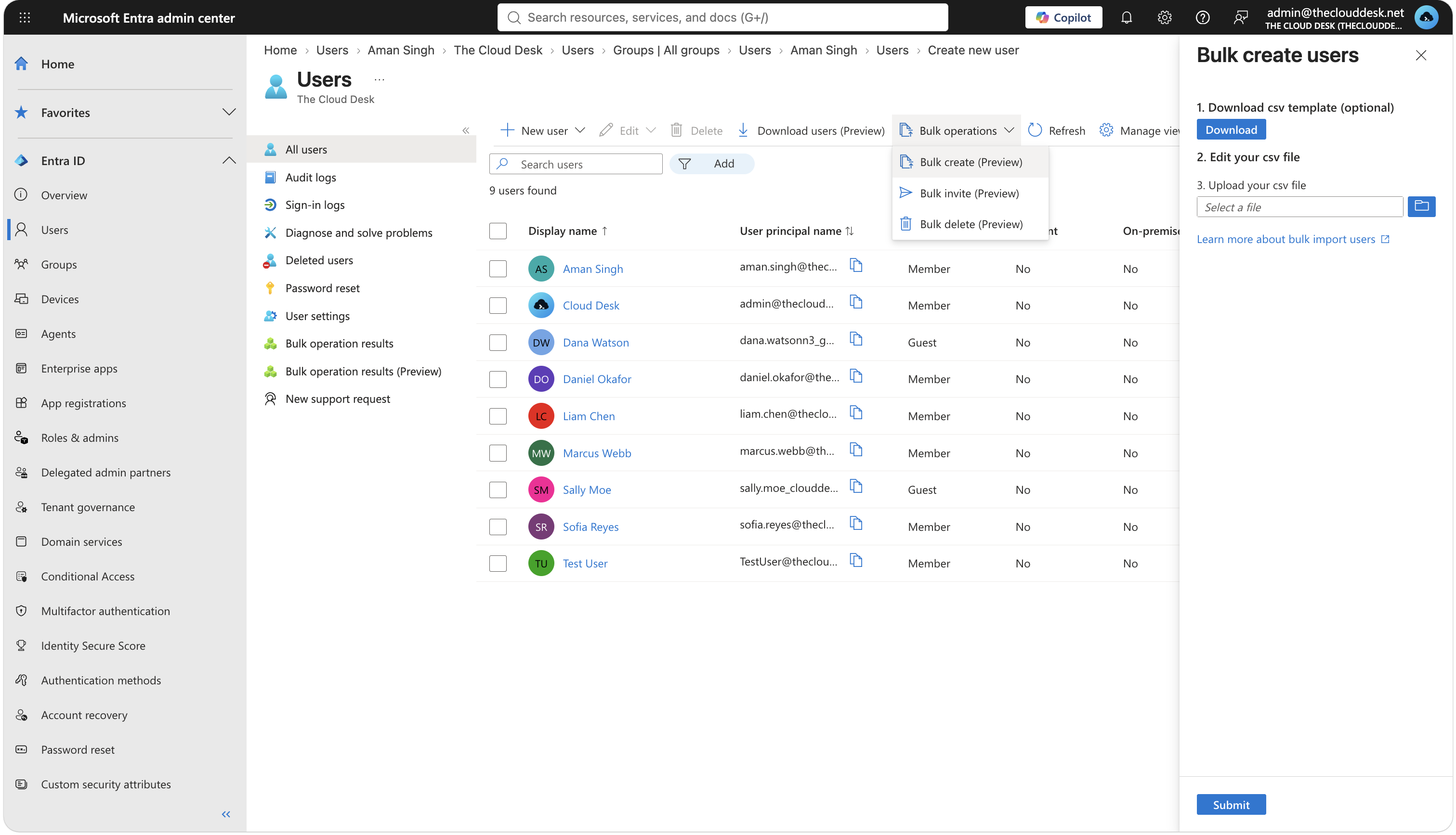 The Bulk operations dropdown open showing Bulk create, Bulk invite and Bulk delete, with the Bulk create users panel open on the right.