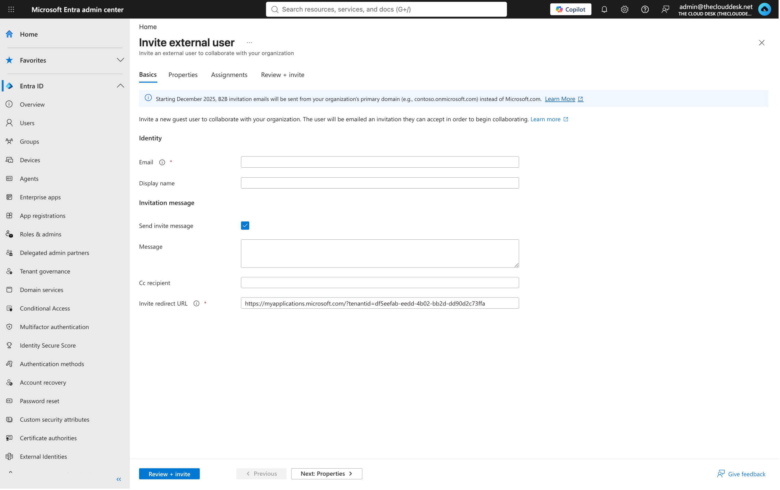The Invite external user panel showing Email, Display name, Send invite message, Message, Cc recipient and Invite redirect URL.