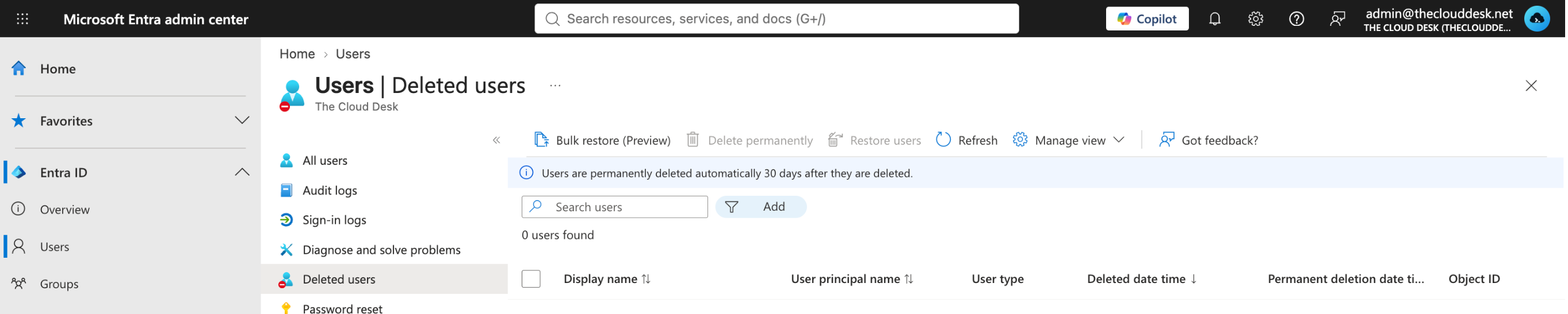 The Deleted users screen, with a banner reading that users are permanently deleted automatically 30 days after they are deleted.