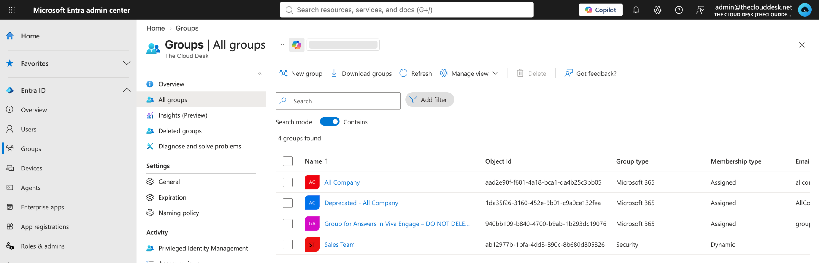 The All groups screen showing four groups with their Object Id, Group type and Membership type columns.