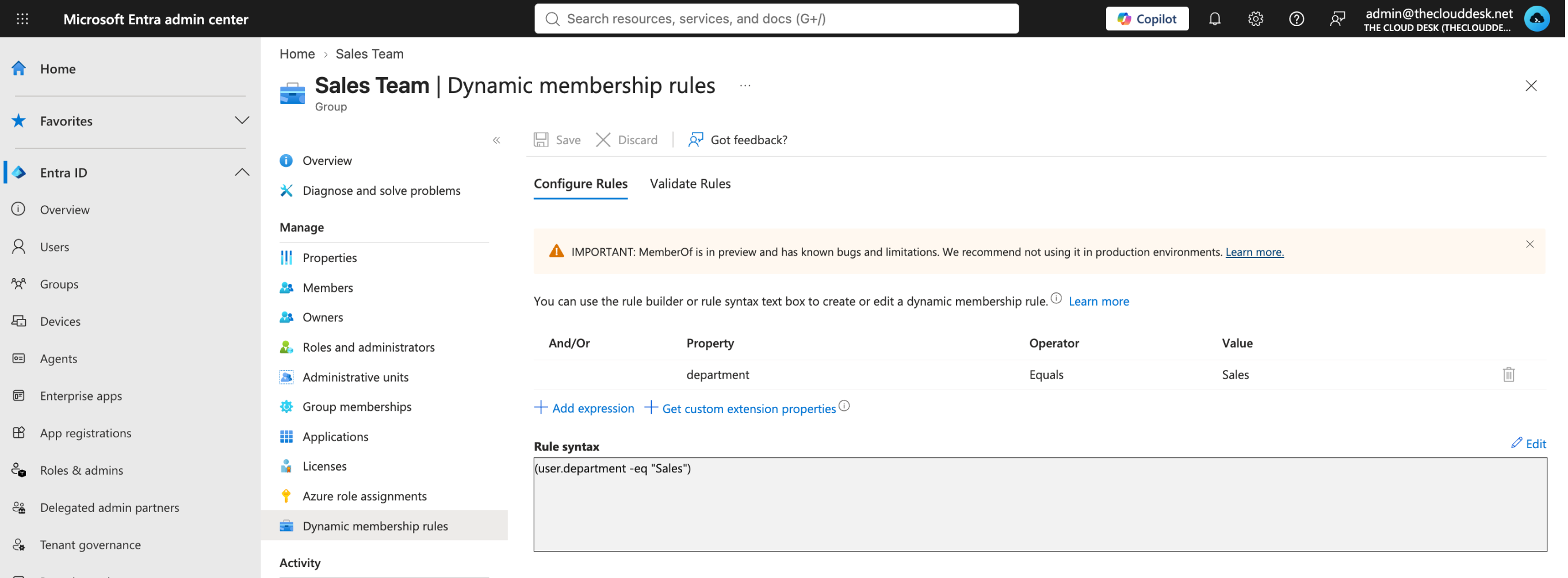 The Dynamic membership rules page for the Sales Team group, showing a rule builder row and a rule syntax box.