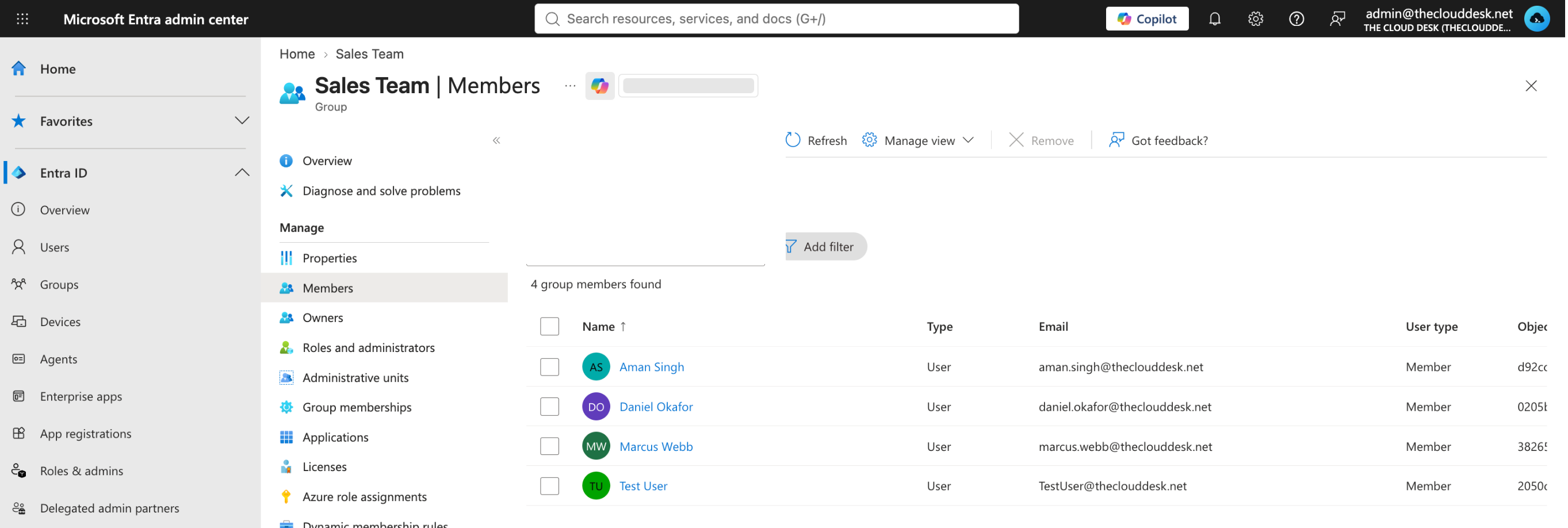 The Members page of the Sales Team group listing four members with type, email and user type.